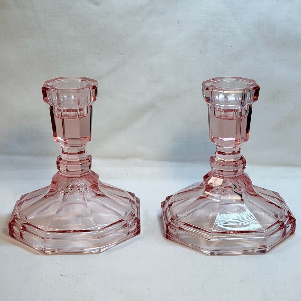 Pair of pink depression glass candlestick holders excellent used condition